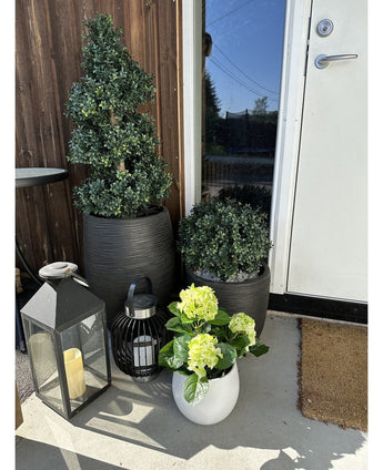 Een Kunstplant Hortensia Groen UV 35 cm in een witte pot met geelgroene bloemen staat op de veranda bij een bruine deur, naast twee planten in een zwarte pot en twee decoratieve lantaarns met kaarsen.