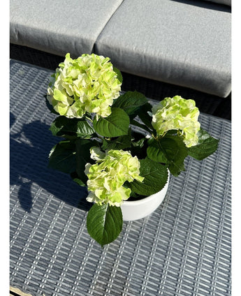 De Kunstplant Hortensia Groen UV 35 cm, met lichtgroene bloesems en donkergroene bladeren, staat op een geweven grijze buitentafel met een kussens bank op de achtergrond.