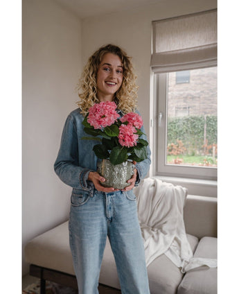 Een vrouw met krullend blond haar in een spijkerjasje en spijkerbroek staat binnen en glimlacht terwijl ze de Kunstplant Hortensia Roze UV 35 cm vasthoudt. Op de achtergrond staan een bank en een raam.
