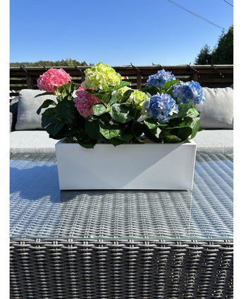 De Kunstplant Hortensia Roze UV 35 cm, een rechthoekige witte plantenbak met roze hortensia's, staat buiten op een rieten tafel met glazen blad, grijze kussens en een blauwe lucht op de achtergrond.