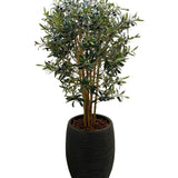 De Kunst olijfboom UV 120 cm heeft groene bladeren, kleine donkere olijven en staat in een hoge zwarte plantenbak met bruine sierstenen. Onderhoudsarm en perfect tegen een witte achtergrond.