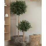 Twee onderhoudsvriendelijke Kunst olijfbomen UV 85 cm met slanke stammen staan naast elkaar op een houten vloer naast een gevlochten mand en houten planken in een modern, minimalistisch interieur.