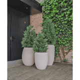 Drie grote beige plantenbakken met Kunstplant Conifeer deluxe UV 120 cm struiken staan op een houten dek bij een zwarte deur en een met klimop begroeide muur en bieden UV-bescherming voor blijvende schoonheid in je kunstplant tuin.