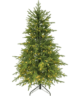 De "Sigrid" kunstkerstboom (100% PE) met slimme LED-lampjes in warm wit staat op een metalen standaard tegen een effen witte achtergrond.