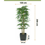 Kunstplant Bamboe 300 cm brandvertragend in een zwarte pot (300 cm hoog, 130 cm breed; pot: 24 cm breed, 18 cm hoog). Tekst en meetpijlen geven duidelijk de afmetingen van deze stijlvolle kunstplant aan.