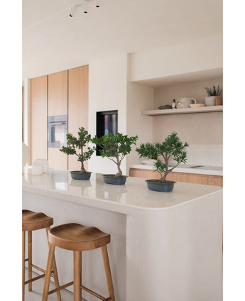Een Kunstplant Bonsai Ficus 40 cm staat op een wit keukeneiland met twee houten krukjes, omringd door lichthouten kasten, witte werkbladen en planken met een minimaal decor.