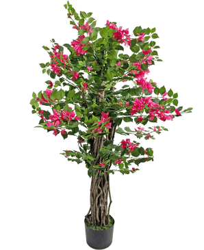 De Kunstplant Bougainvillea 120 cm heeft gedraaide bruine stelen, weelderige groene bladeren en levendige roze bloemen, perfect om kleur toe te voegen aan elke ruimte.