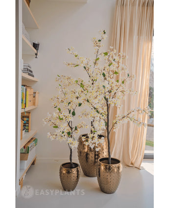 Een Kunstplant Bougainvillea 120 cm groot met witte bloesems in een goudkleurige pot met textuur staat bij een raam met transparante gordijnen, naast boekenplanken vol boeken en decor in een lichte, moderne kamer.