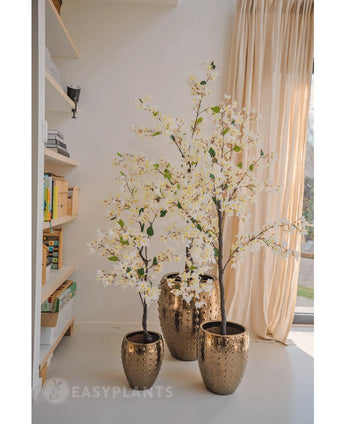 Drie Kunstplant Bougainvillea van 180 cm lang, elk in een pot met gouden textuur, worden in een zonovergoten kamer geplaatst met beige gordijnen en een boekenplank, waardoor een elegante en lichte sfeer binnenshuis wordt gecreëerd.