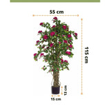 Kunstplant Bougainvillea Liana Fuchsia, 115 cm hoog en 55 cm breed, met fuchsiaroze bloemen in pot (pot: 13 cm hoog, Ø15 cm) voor een mediterrane sfeer. EASYPLANTS logo en tekst onderaan.