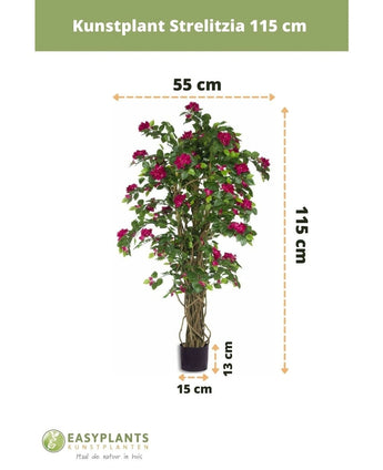 Kunstplant Bougainvillea Liana Fuchsia, 115 cm hoog en 55 cm breed, met fuchsiaroze bloemen in pot (pot: 13 cm hoog, Ø15 cm) voor een mediterrane sfeer. EASYPLANTS logo en tekst onderaan.