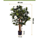 Kunstplant Camellia japonica 100 cm hoog en 40 cm breed, geleverd in een zwarte pot van 13x12 cm. De Japanse roos heeft groene bladeren en witte kunstbloemen, afgebeeld met maatlijnen.