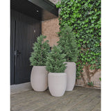 Drie grote beige plantenbakken met Kunstplant Conifeer deluxe UV 150 cm staan op een houten vlonder bij een zwarte deur en klimop muur, waardoor een stijlvolle buiteningang of patio ontstaat voor iedereen die kunstplant tuin inspiratie zoekt.