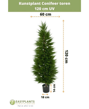 Kunstplant Conifeer toren UV 120 cm: 120 cm hoog, 60 cm breed in een zwarte pot (18x14 cm) met UV bescherming. Perfect als kunstplant voor het balkon. Groene tekst bovenaan en Easyplants logo onderaan.