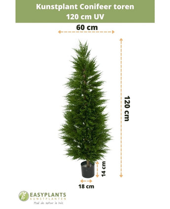 Kunstplant Conifeer toren UV 120 cm: 120 cm hoog, 60 cm breed in een zwarte pot (18x14 cm) met UV bescherming. Perfect als kunstplant voor het balkon. Groene tekst bovenaan en Easyplants logo onderaan.