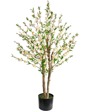 De Kunstplant Kersenbloesem 120 cm crème is een kunstmatige kersenbloesemboom in pot met meerdere bruine stammen, groene bladeren en trosjes kleine witte bloemen tegen een effen witte achtergrond.