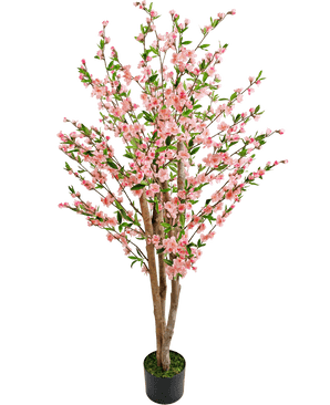 De Kunstplant Kersenbloesem 150 cm roze is een kunstmatige kersenbloesemboom met meerdere bruine stammen, roze bloemen en groene bladeren, afgebeeld tegen een effen witte achtergrond.