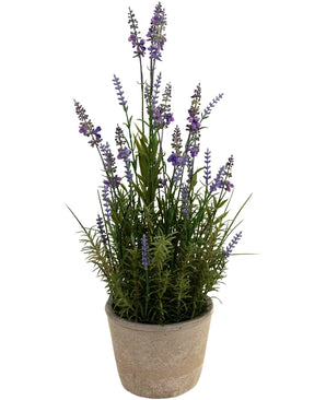 De Kunstplant Lavendel 51 cm in sierpot heeft lange groene stelen en kleine paarse bloemen in een lichtgekleurde pot, tegen een witte achtergrond.