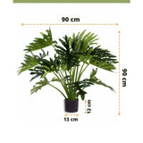 Kunstplant Philodendron UV 90 cm in een zwarte pot, met 90 cm brede bladeren. Perfect voor elke ruimte. Potmaat: 12 cm hoog, 13 cm breed. Easyplants logo onderaan.