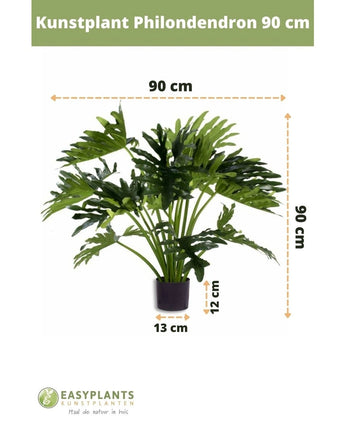 Kunstplant Philodendron UV 90 cm in een zwarte pot, met 90 cm brede bladeren. Perfect voor elke ruimte. Potmaat: 12 cm hoog, 13 cm breed. Easyplants logo onderaan.