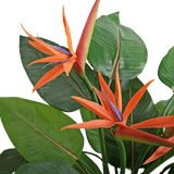 Close-up van de Kunstplant Strelitzia 120 cm, met levendige oranje en paarse paradijsvogelbloemen met grote groene bladeren tegen een lichte achtergrond.