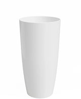 De Plantenbak Santorini is een hoge, witte, cilindervormige vaas (Ø27cm x H40cm) met een gladde, glanzende afwerking. De vaas staat rechtop tegen een effen witte achtergrond.