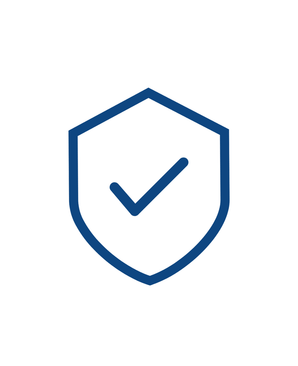 Het pictogram Verzendverzekering is een blauw schild met een centraal vinkje, dat veiligheid, orderverificatie of leveringsgarantie symboliseert, op een witte achtergrond.