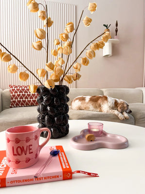 Een gezellige woonkamer met een beige bank, een slapende kat, een sculpturale zwarte vaas met daarin de Kunstbloem Physalis Lampion 90 cm bruin, een roze "LOVE" mok, een boek, een kaars en een koekje op de salontafel.