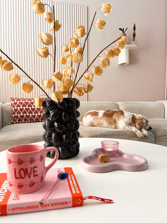 Een gezellige woonkamer met een beige bank, een slapende kat, een sculpturale zwarte vaas met daarin de Kunstbloem Physalis Lampion 90 cm bruin, een roze "LOVE" mok, een boek, een kaars en een koekje op de salontafel.