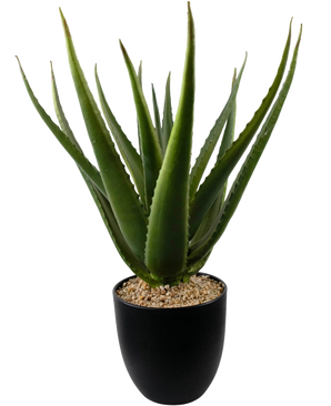 Een close-up van de Kunstplant Aloë Vera 45 cm toont dikke, groene, stekelige bladeren in een zwarte pot gevuld met kleine lichtbruine kiezels.