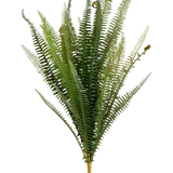 De Kunst Steek Varen 64 cm is een rechtopstaande groene kunstvaren met lange, smalle, vederachtige bladeren en een bruine stengel, tegen een effen witte achtergrond.