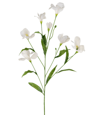De Kunstrododendron Azalea Real Touch Wit 80cm heeft een enkele groene stengel met meerdere takken, elk met delicate witte bloemen en lange groene bladeren, allemaal op een effen witte achtergrond.