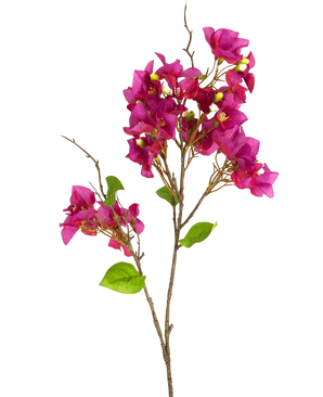 De Kunstbloem Bougainvillea 90 cm paars heeft levendige magenta-paarse bloemen en groene bladeren op slanke bruine stelen, tegen een effen witte achtergrond.