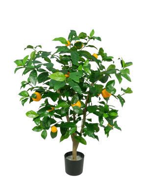 Een Kunstplant Citroenboom 90 cm met levendige groene bladeren en levensechte gele citroenen, tegen een effen witte achtergrond.