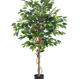 De Kunstplant Ficus Groen 150 cm heeft meerdere groene bladeren en gevlochten bruine stammen in een eenvoudige zwarte pot, tegen een effen witte achtergrond.