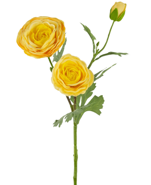 De Kunstroos "Emine" Real Touch Geel 62cm heeft een enkele steel met twee bloeiende gele bloemen en een gesloten knop, geaccentueerd met groene bladeren, tegen een witte achtergrond.