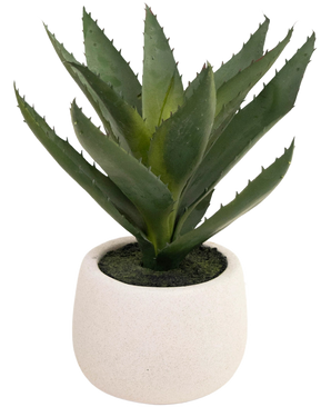 De Kunstplant Aloë Vera 28 cm wordt geleverd in een eenvoudige, ronde pot van wit keramiek, met levensechte groene, stekelige bladeren tegen een effen witte achtergrond.