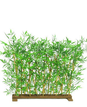 Het Kunstplant Bamboescherm UV 70x120 cm heeft levensechte groene bladeren en natuurlijke bamboestengels in een rechthoekige houten basis, perfect als decoratief scherm.