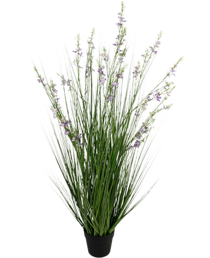 De Kunstgras gierst-uiengrasbonsai 120cm brandvertragend heeft hoge, dunne groene grasachtige bladeren en lange stelen met delicate paarse bloemen in een zwarte pot, tegen een witte achtergrond.