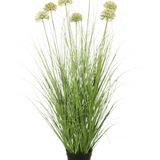 De Kunst Grasplant Ui 90 cm brandvertragend heeft lange, slanke groene bladeren en hoge stelen met ronde, lichtgroene trossen. Deze vlamvertragende kunstplant voegt blijvend groen toe aan elke ruimte.