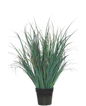 De Kunst Grasplant Gazon Groen 70 cm brandvertragend heeft lange, dunne groene bladeren in een zwarte pot, tegen een effen witte achtergrond-een stijlvolle kunstplant perfect voor moderne interieurs.