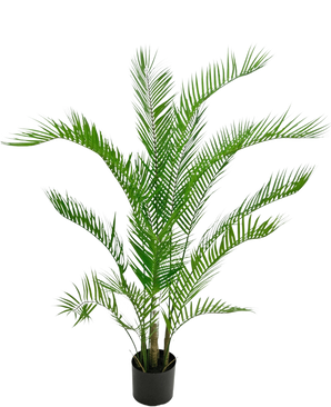De Kunstplant Chamaedorea 120 cm is een kunstpalm met lange, slanke groene bladeren in een zwarte ronde pot, tegen een effen witte achtergrond.