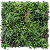 De Kunsthaag Wonderland 100x100 cm UV is een vierkante verticale tuin met een dichte mix van groene en paarse bladeren, varens en kleine gele bloemen in een weelderige, gestructureerde opstelling.