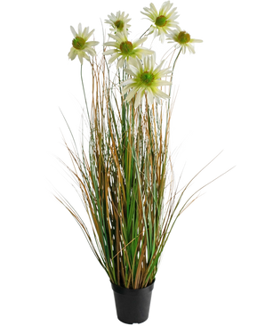 De Kunstgras chrysant uienpot 90cm brandvertragend is een kunstplant in pot met lange groene en bruine grasachtige bladeren, met daarop witte margrietbloemen met een geel hart.