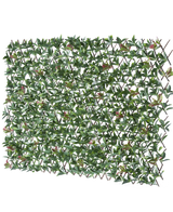De Kunsthaag Photonia Uitschuifbaar 200x100 cm is een rechthoekig uitschuifbaar hekwerk met kunstgroene bladeren en roze bloemen, afgebeeld tegen een witte achtergrond.