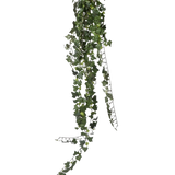 Een enkele streng Kunst klimop hangplant 125 cm brandvertragend met donkergroene, hartvormige bladeren hangt naar beneden tegen een effen witte achtergrond.