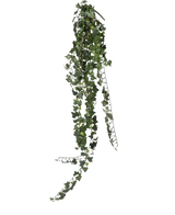 Een enkele streng Kunst klimop hangplant 125 cm brandvertragend met donkergroene, hartvormige bladeren hangt naar beneden tegen een effen witte achtergrond.