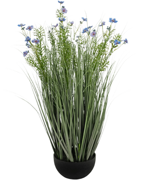 De Kunstgras paarse Gesang Bloem uiengraspot (90cm, brandvertragend) heeft hoog, dun groen kunstgras en delicate lichtpaarse bloemen in een zwarte pot, tegen een witte achtergrond.