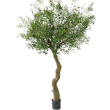 De Kunst olijfboom 270 cm met olijven heeft een gedraaide stam en volle groene bladeren met realistische olijven, prachtig gepresenteerd in pot en afgebeeld tegen een witte achtergrond.