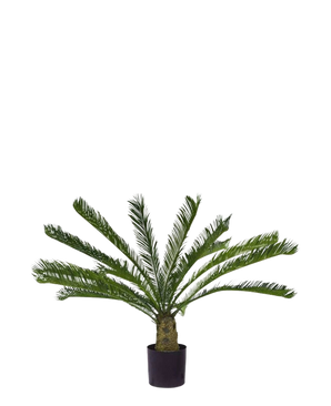 De Kunstplant Cycus Palm Deluxe 95 cm heeft overhangende, vederachtige groene bladeren en een dikke, gestructureerde stam tegen een effen witte achtergrond.